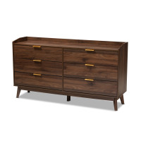 Baxton Studio LV4COD4231WI-Columbia-6DW-Dresser Lena Mid-Century Modern Walnut Brown Finished 6-Drawer Wood Dresser